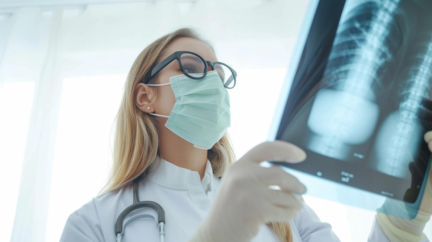 Médica con barbijo observando una radiografía de pecho, concentrada en el diagnóstico y evaluación de las condiciones pulmonares. La fotografía destaca la importancia del examen minucioso y el papel vital de los profesionales de la salud en la interpretación de imágenes médicas. (Imagen ilustrativa Infobae)