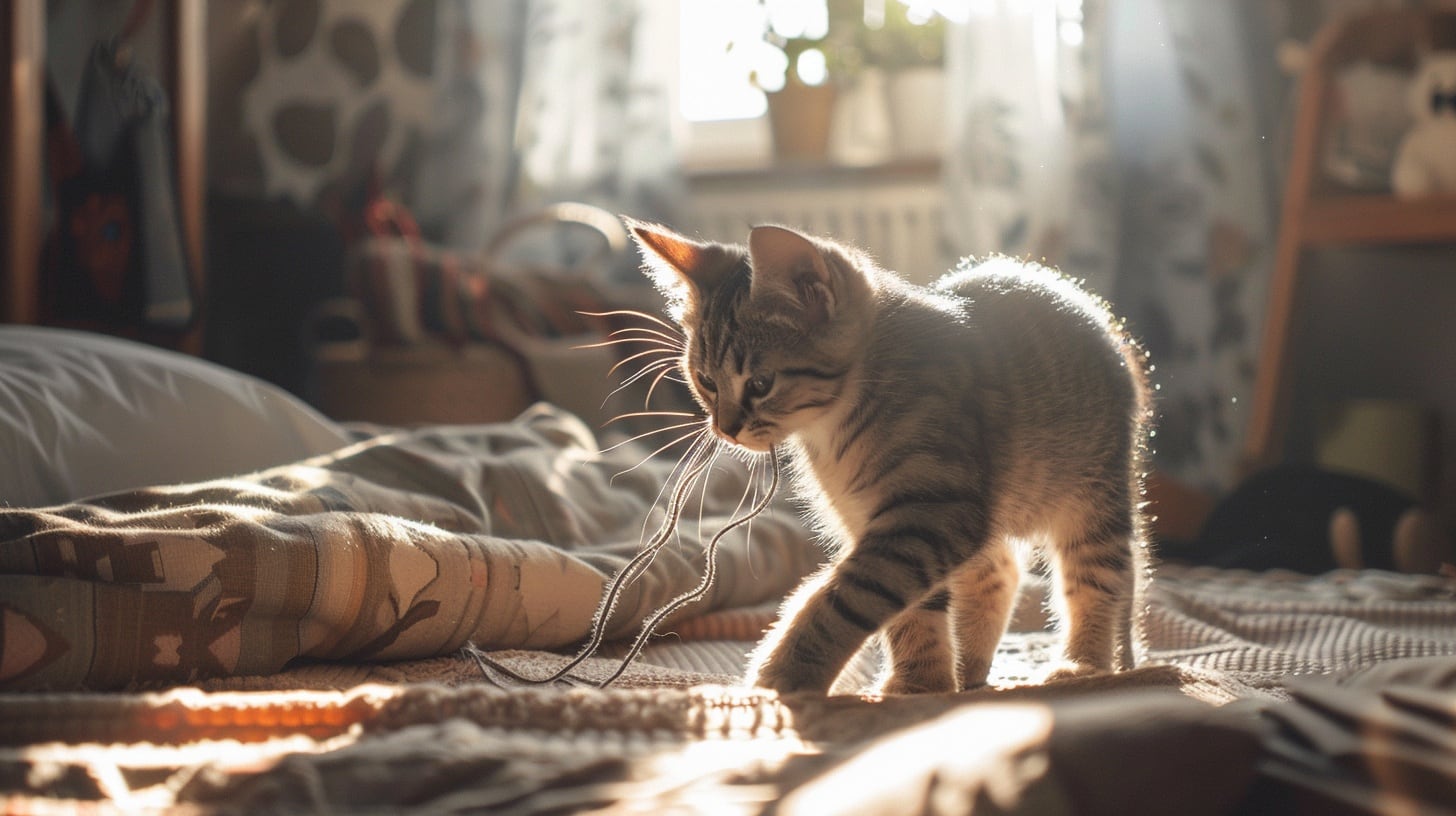 Gato jugando con cordones, entretenido, activo, en casa, enérgico, adorable, juguete favorito - (Imagen Ilustrativa Infobae)