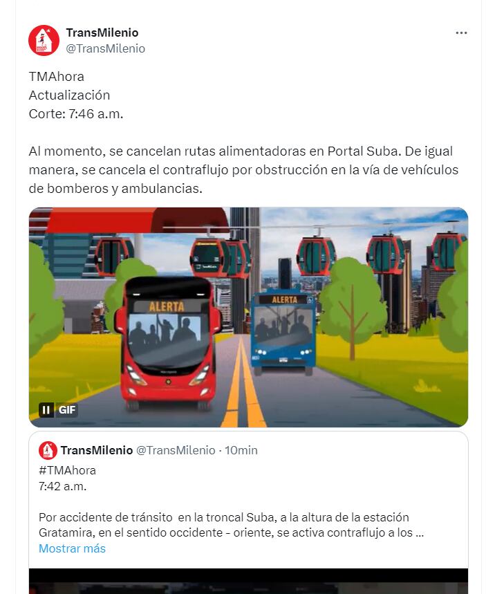 Las autoridades de tránsito y Bomberos se encuentran en camino y atendiendo en el punto a los actores viales involucrados para lograr la reapertura del paso por el carril para la buses de Transmilenio - crédito @TransMilenio/X