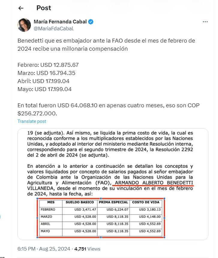 María Fernanda Cabal compartió los gastos de la embajada de Colombia ante la FAO entre febrero y mayo - crédito @MariaFdaCabal