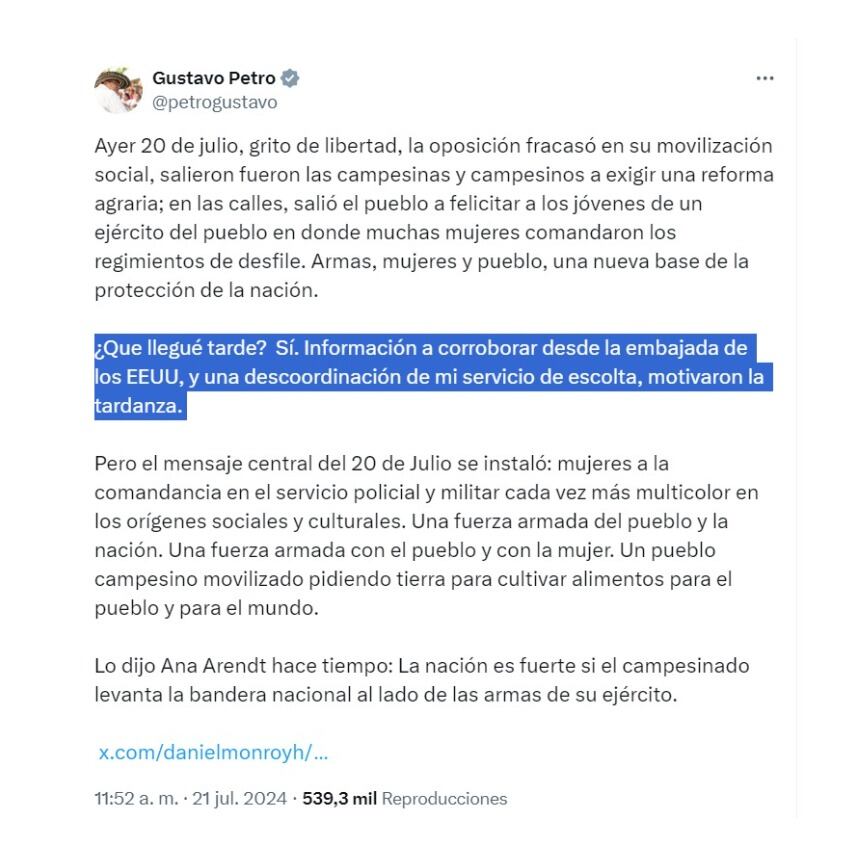 Gustavo Petro sobre su tardanza del 20 de julio