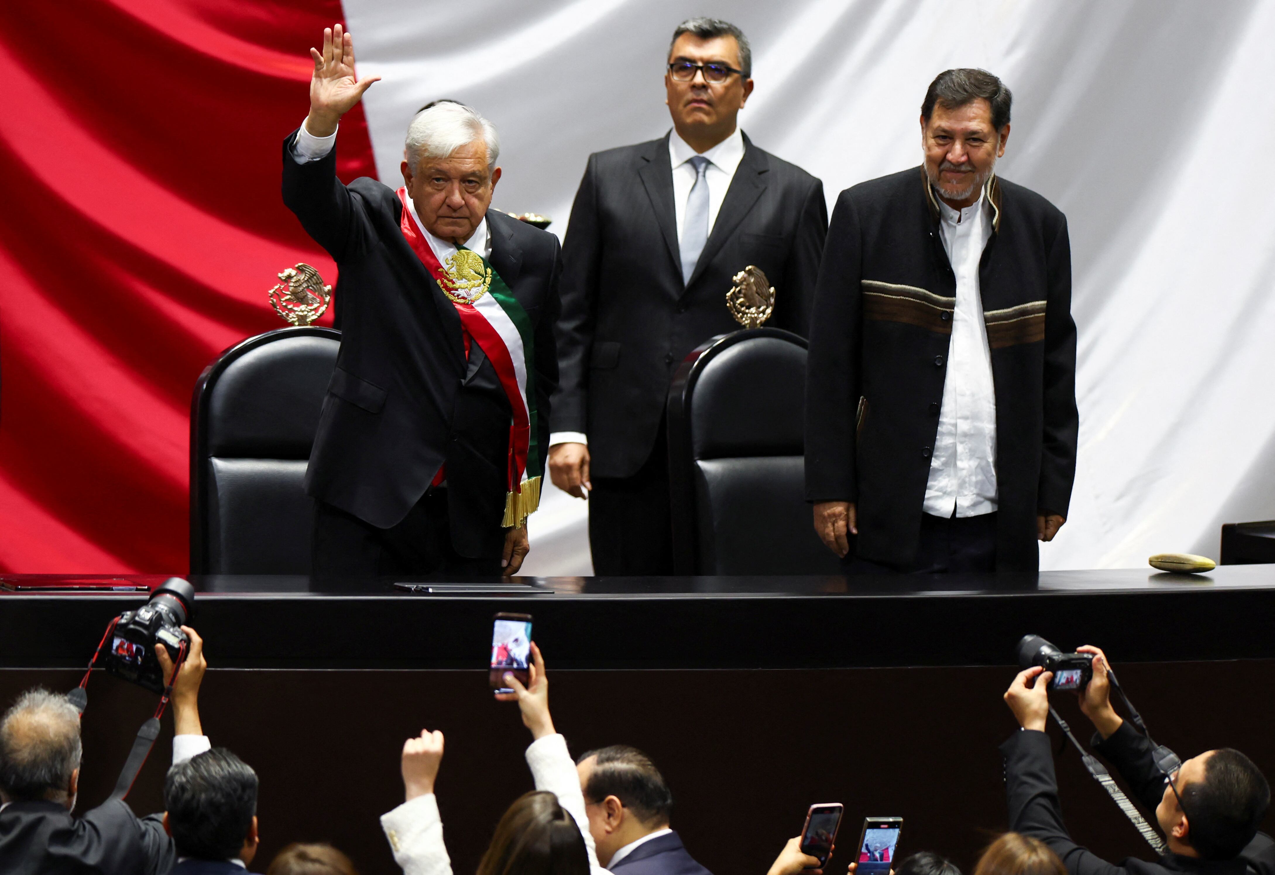 Mexico's President Andres Manuel Lopez Obrador waves as he attends the swearing-in ceremony of Mexico's President-elect Claudia Sheinbaum at Congress, in Mexico City, Mexico, October 1, 2024. REUTERS/Raquel Cunha