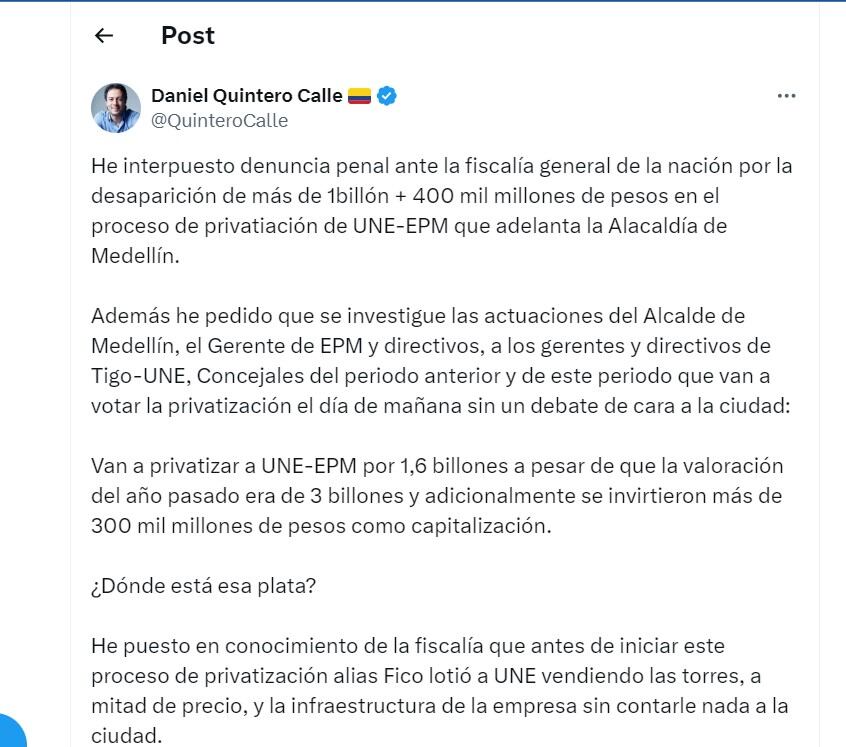 Daniel Quintero anunció una nueva denuncia en contra del alcalde de Medellín Federico Gutiérrez - crédito @QuinteroCalle