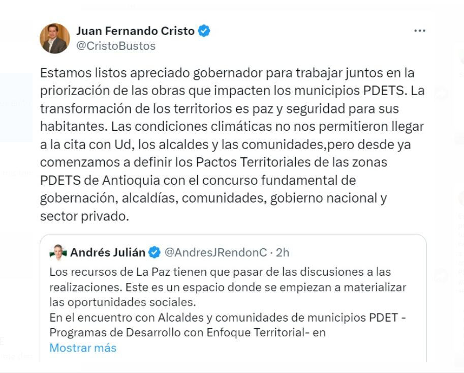 El ministro del Interior, Juan Fernando Cristo, reafirmó su compromiso con la implementación de proyectos del Programa de Desarrollo con Enfoque Territorial (Pdet) - crédito @CristoBustos/X