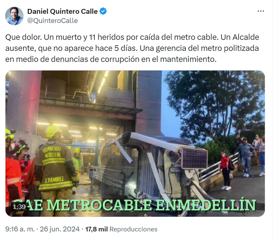 Daniel Quintero aseguró que el alcalde de Medellín está desaparecido hace cinco días - crédito red social X