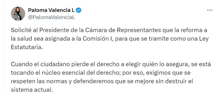 Paloma Valencia critica que la reforma se tramite como ley ordinaria - crédito @PalomaValenciaL/X