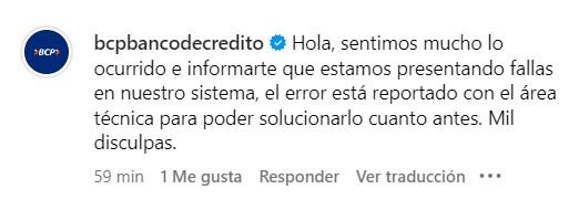 Captura de Instagram del BCP con mensaje sobre caída del sistema