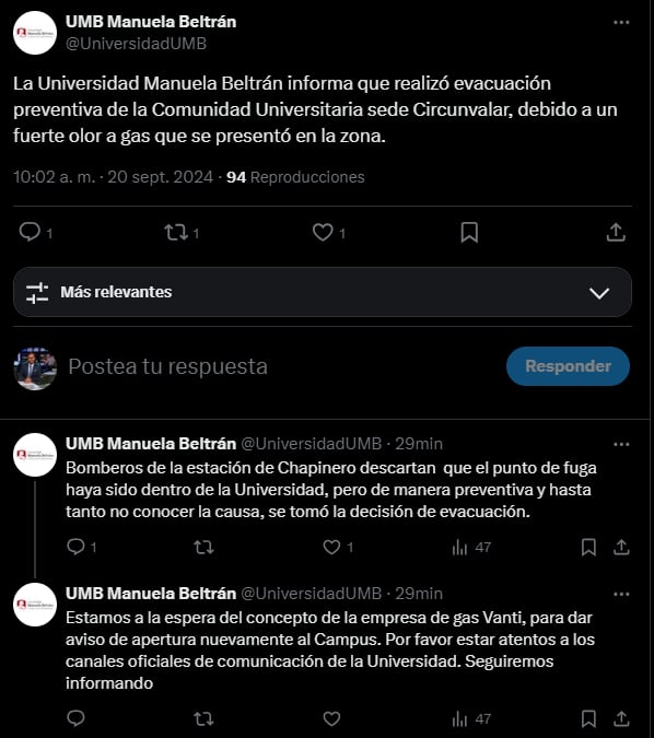 Avacuaron la Universidad Manuela Beltrán en Bogotá: alertaron por posible fuga de gas