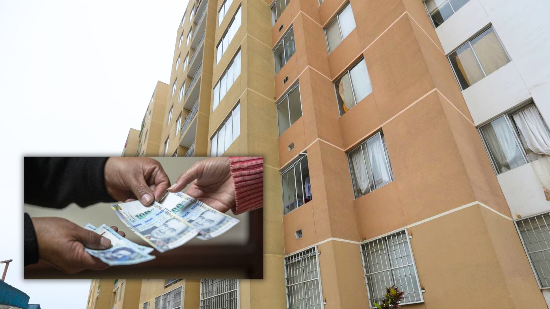 Edificio en Lima e imagen de persona pagando a otra con billetes de 100 soles