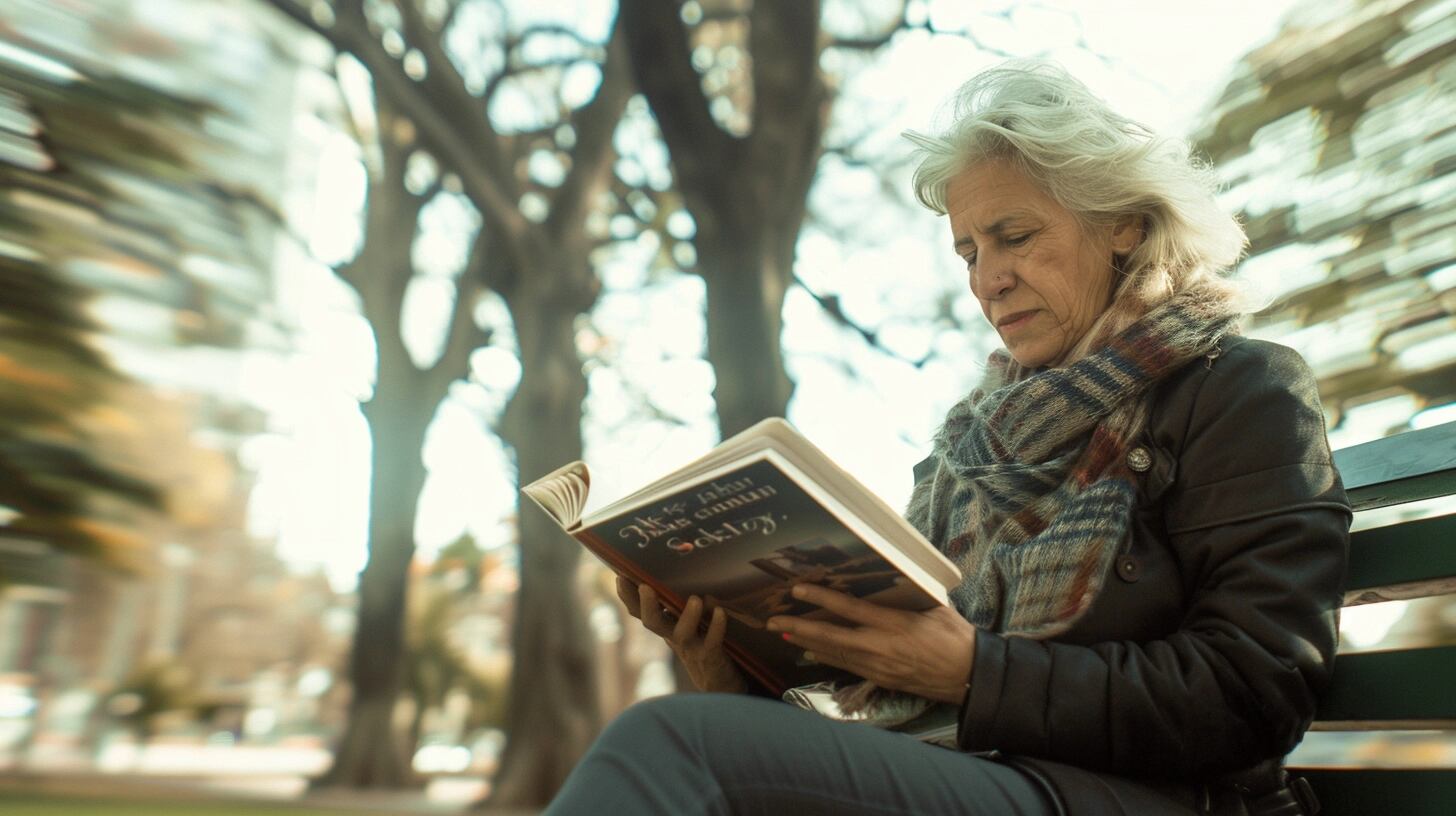 Señora mayor disfruta de la lectura en solitario en un banco de parque, evidenciando cómo los momentos de tranquilidad pueden ser un refugio contra la soledad y el aislamiento. La imagen invita a considerar el impacto de la falta de interacciones sociales en la salud mental, y la necesidad de abordar estos temas a través de la psicología y la terapia. (Imagen ilustrativa Infobae)