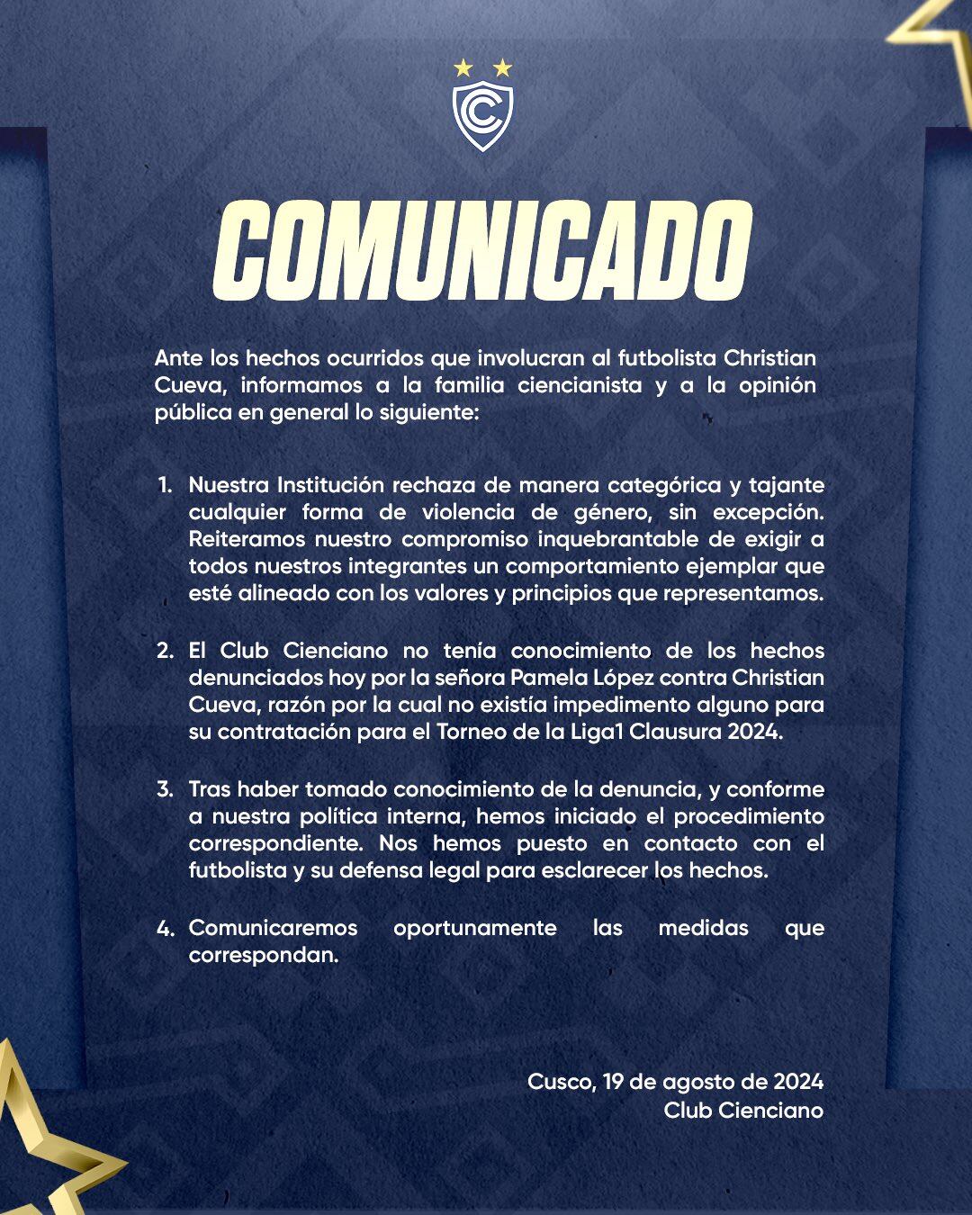 Comunicado de Cienciano sobre el caso Christian Cueva.