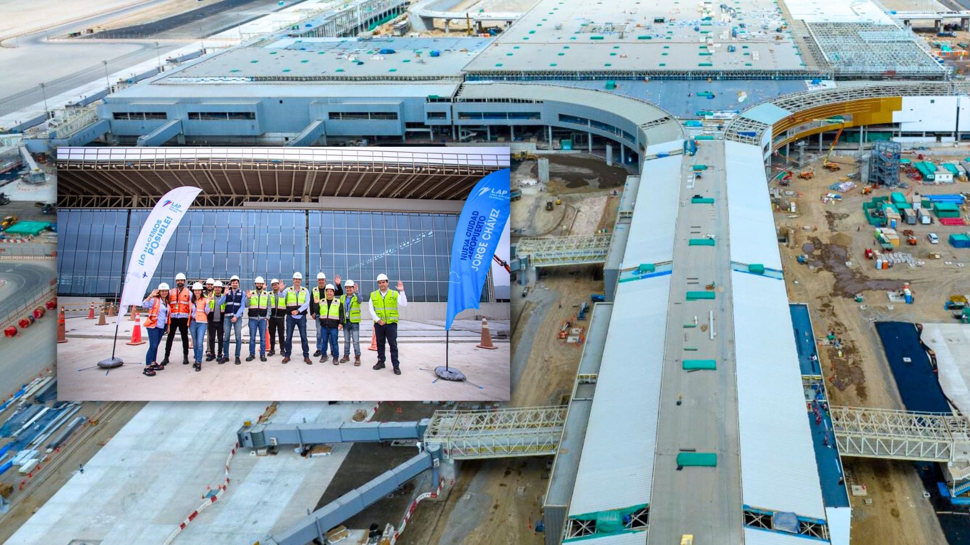 Foto del Nuevo Aeropuerto Jorge Chávez  e imagen de trabajadores en frente a la fachada