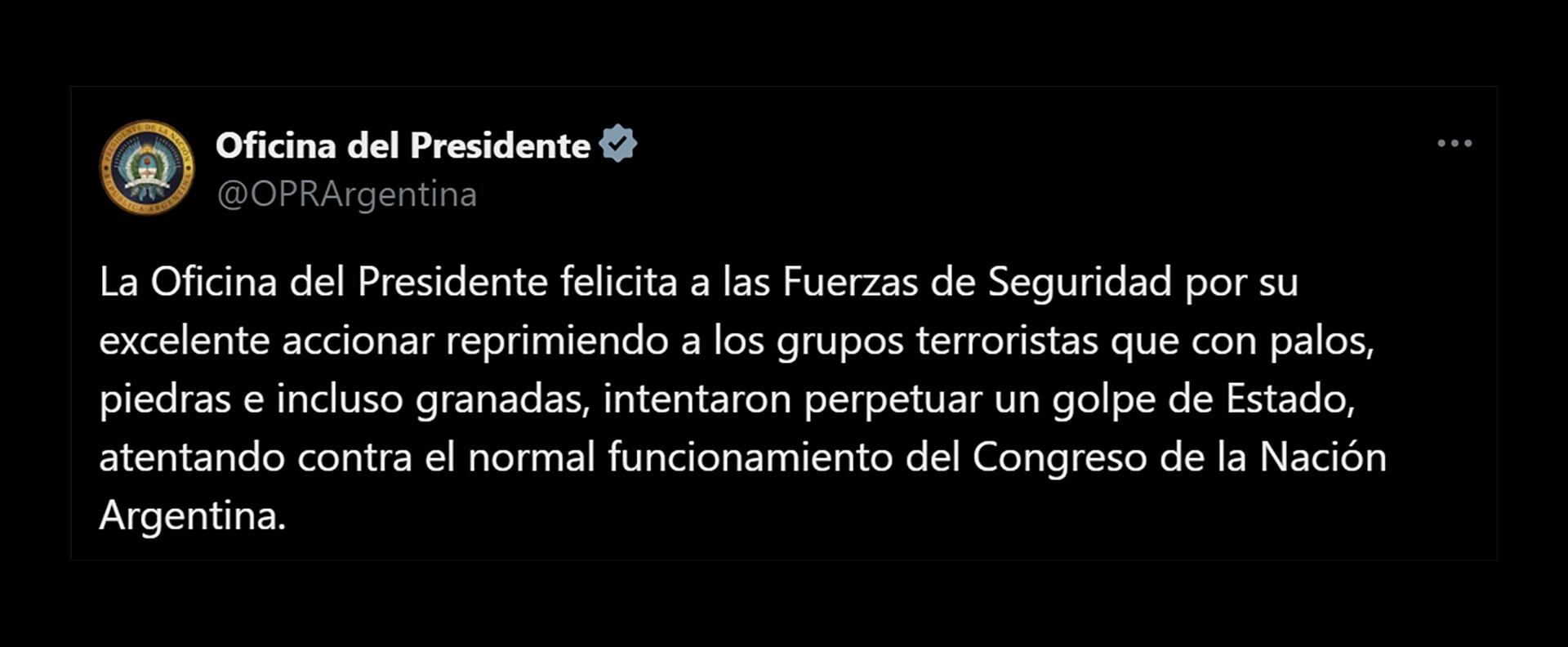 El Gobierno felicitó a las fuerzas de seguridad que actuaron afuera del Congreso - Ley Bases Senado