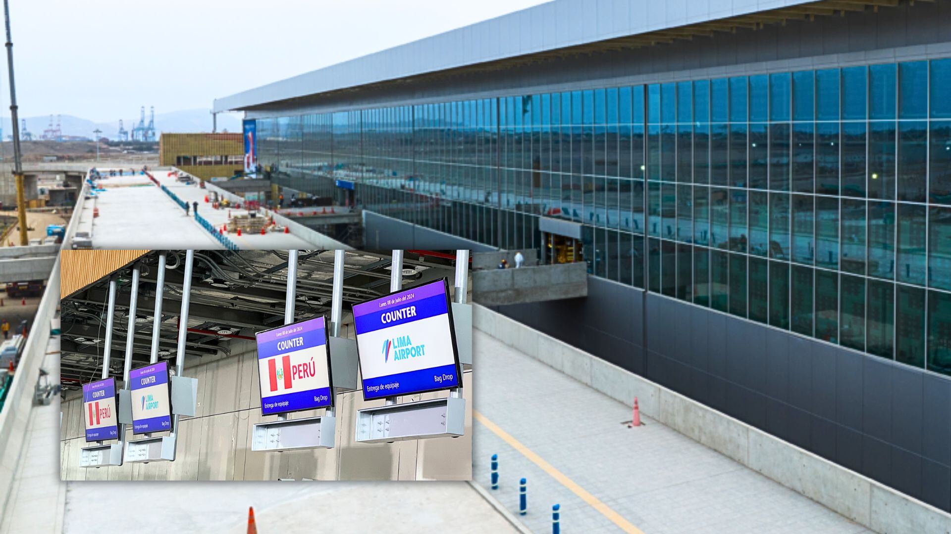 Fachada del Nuevo Aeropuerto Jorge Chávez y foto de pantallas de atención en Check-in dentro