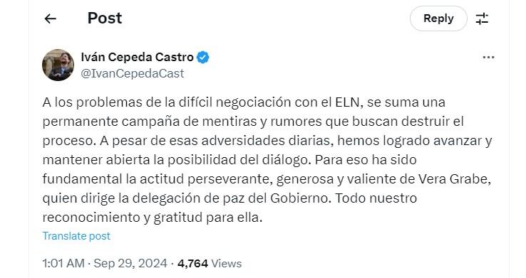 Iván Cepeda dice que la negociación del ELN se ha enfrentado ha mentiras y rumores - crédito @IvanCepedaCast