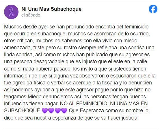 Ni una más Subachoque pide a la comunidad acudir a la Fiscalía con información sobre el caso - crédito Ni una más Subachoque / Facebook