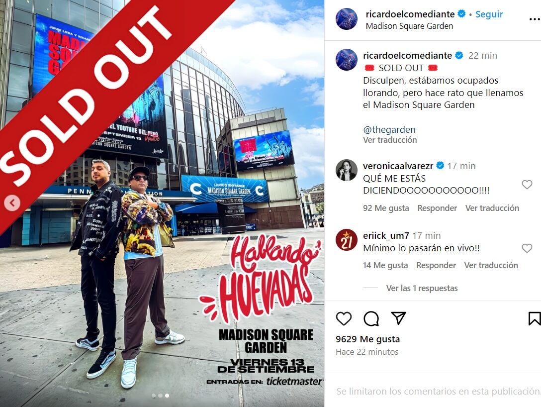 Jorge Luna y Ricardo Mendoza celebran su sold out en el Madison Square Garden.