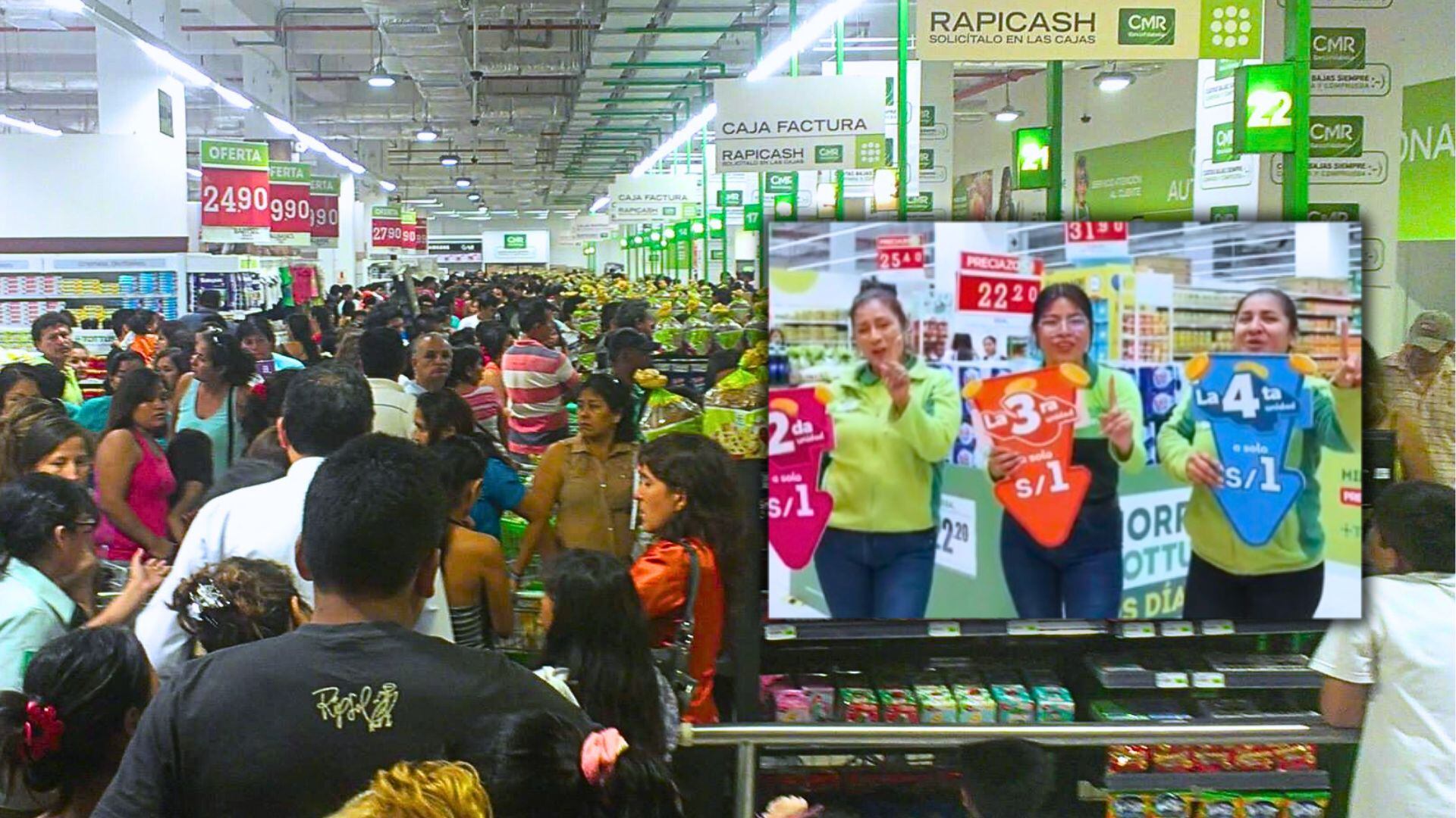 Gente comprando en Tottus y captura de promoción de productos a 1 sol