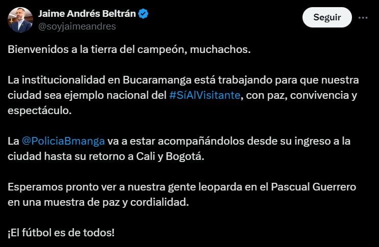 Jaime Andrés Beltrán dio la bienvenida a la "tierra del campeón" a los hinchas del América de Cali - crédito @soyjaimeandres/X