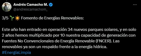 El ministro aseguró que están realizando estrategias para fomentar el uso e implementación de energías no convencionales - crédito Andrés Camacho/X