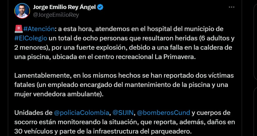 Jorge Emilio Rey Ángel se refirió a lo sucedido con la explosión en Mesitas del Colegio - crédito @JorgeEmilioRey/X