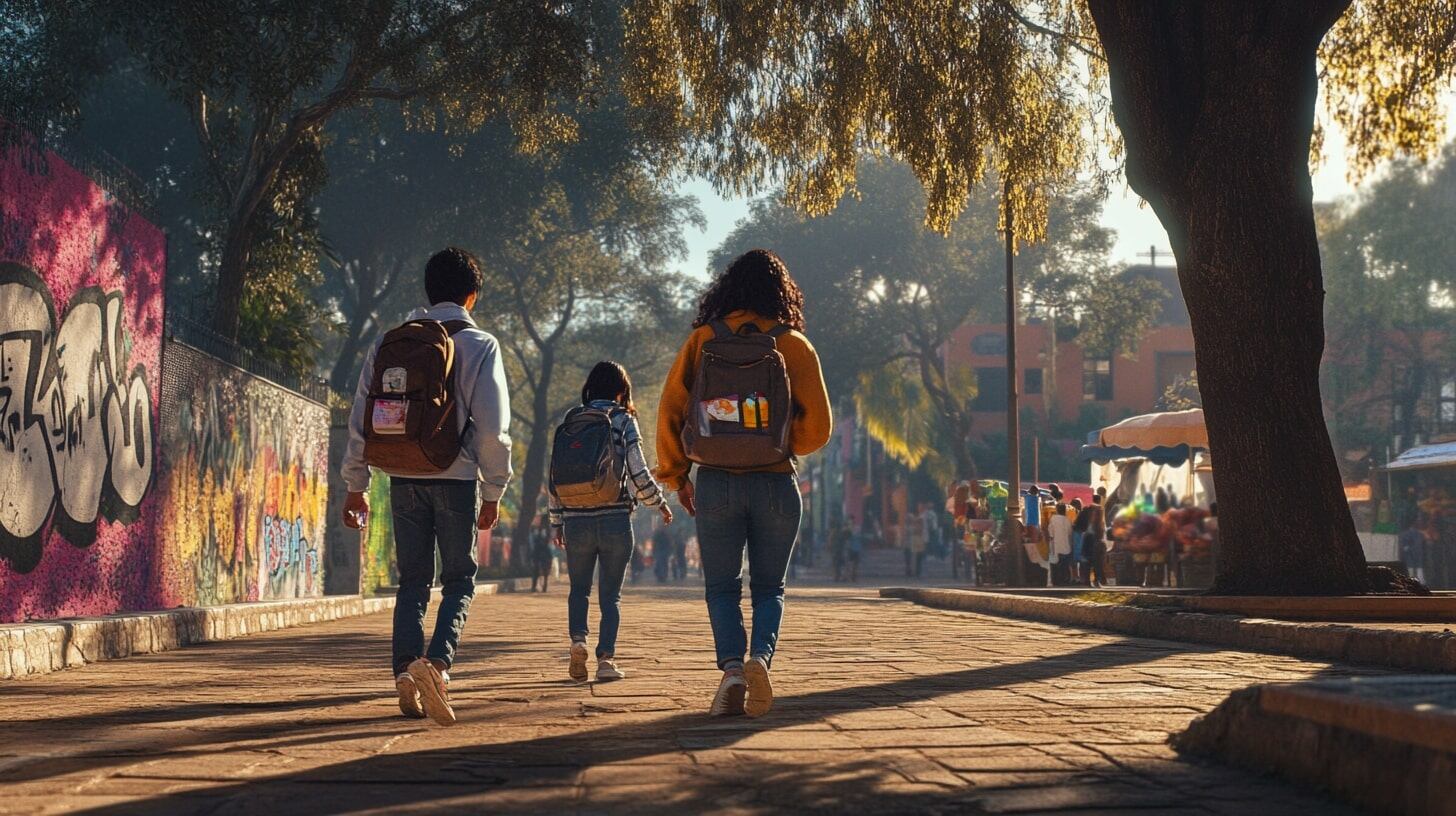 Imagen de adolescentes felices con mochilas, caminando hacia la escuela. Otras opciones: grupo de amigos, estudiantes alegres, regreso a clases. - (Imagen Ilustrativa Infobae)