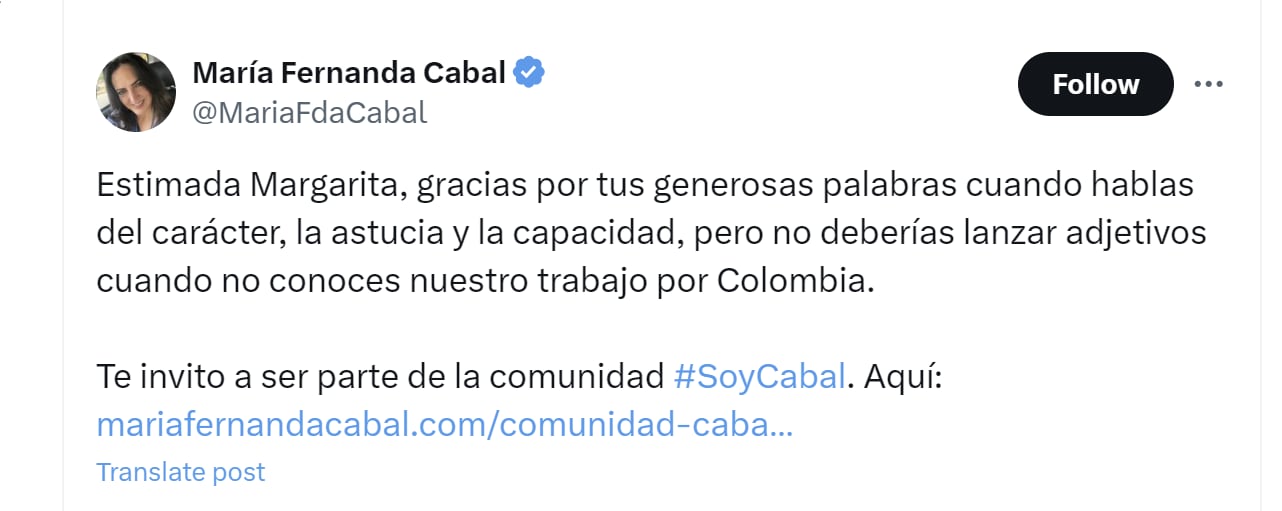 La senadora María Fernanda Cabal invitó a Margarita Rosa de Francisco a unirse a la comunidad Soy Cabal - crédito @MariaFdaCabal/X