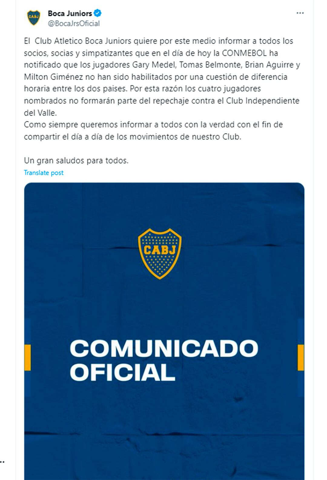 El comunicado de Boca indicando que no puede usar a los refuerzos por la Copa Sudamericana