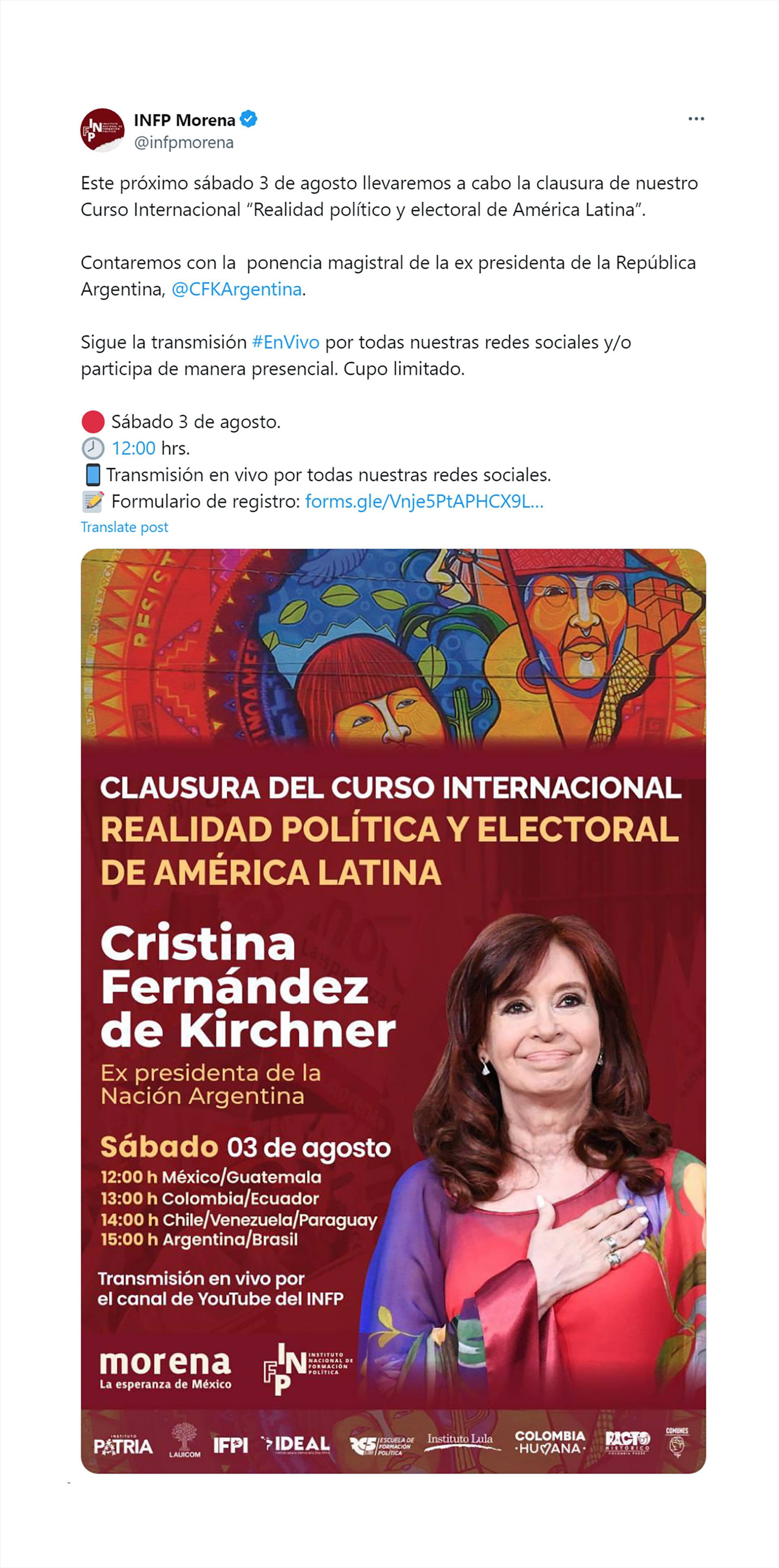 Tuit INFP Morena Cristina Kirchner