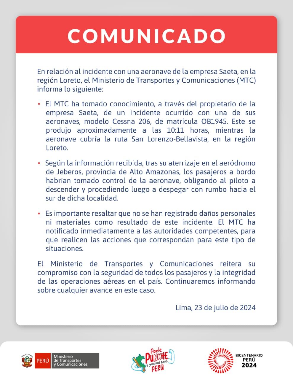 Comunicado del MTC.