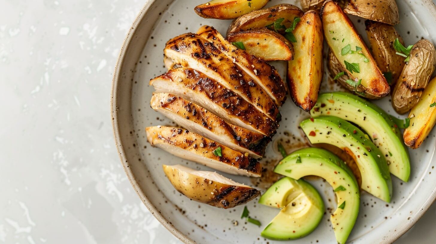 Plato de pollo a la parrilla con guarnición de papas y aguacate, comida saludable, receta de pollo marinado, cena ligera, parrillada al aire libre, pollo con vegetales, comida nutritiva - (Imagen Ilustrativa Infobae)