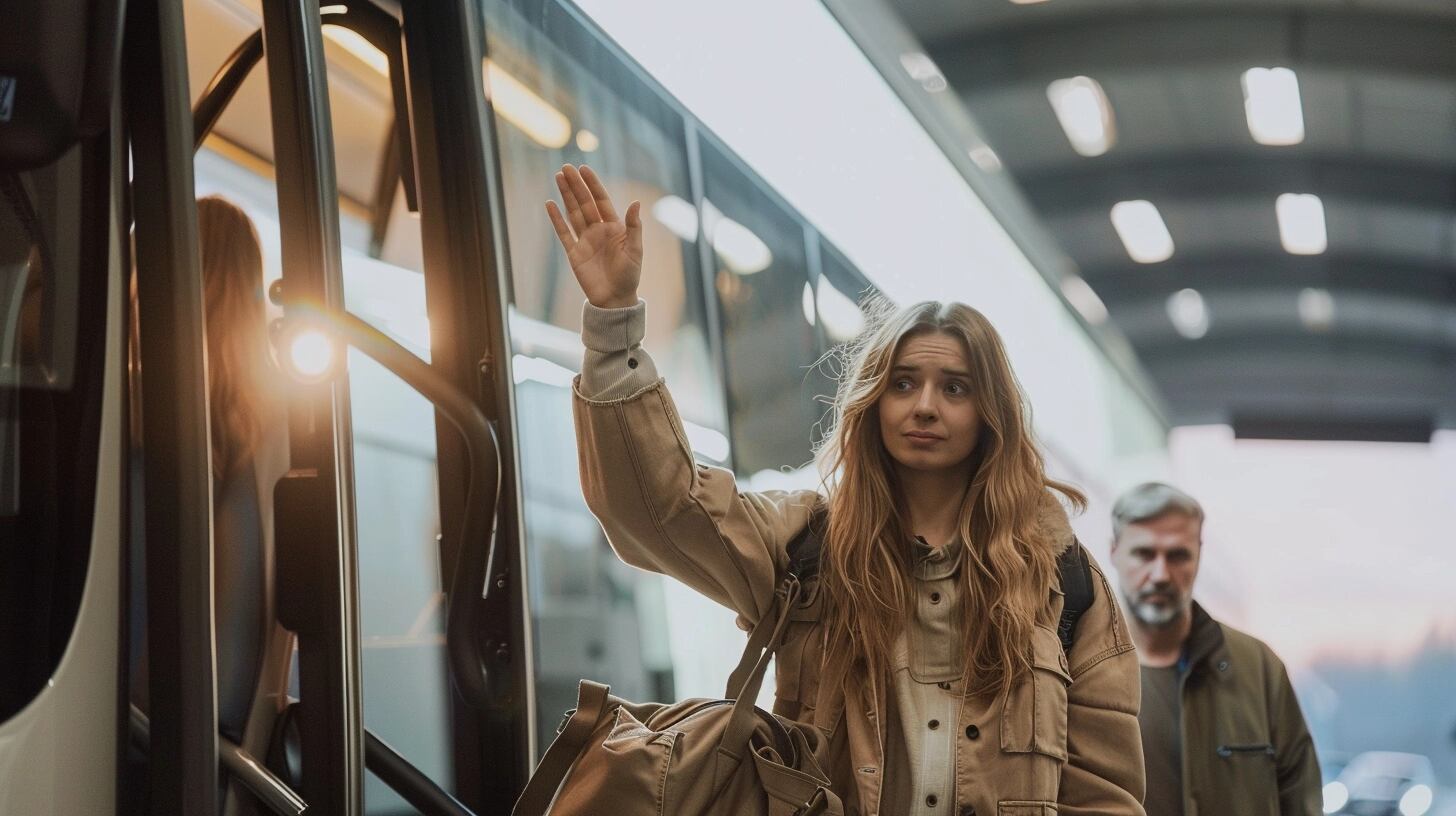 Dos personas en una estación de bus, compartiendo un último abrazo antes de que uno de ellos se embarque en un micro para un viaje prolongado. La imagen refleja el cariño y la conexión entre ellos, evidenciando cómo las despedidas pueden ser momentos significativos de aprecio y amor, anticipando el reencuentro. (Imagen ilustrativa Infobae)