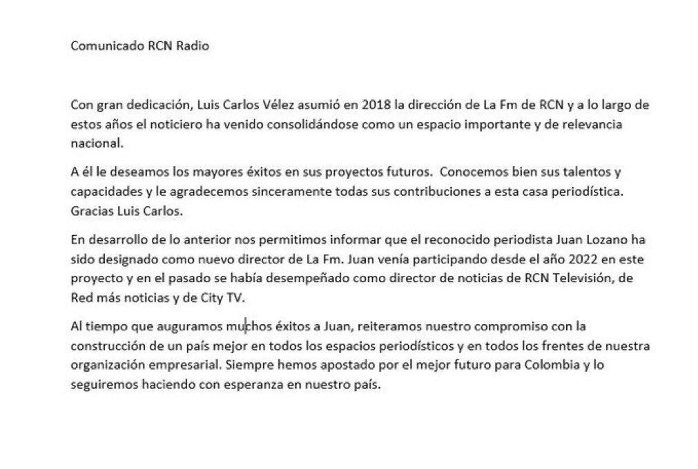 Comunicado de prensa con el que se ratifica a Juan Lozano como nuevo director de La FM - crédito @dona_pily2/X