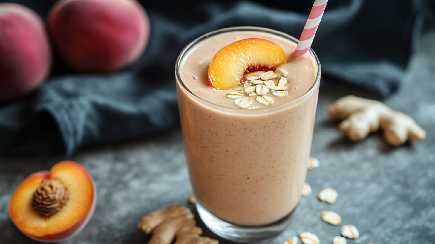 Bebida saludable de durazno, avena y jengibre, mezcla nutritiva, smoothie energético, desayuno refrescante, receta de frutas - (Imagen Ilustrativa Infobae)