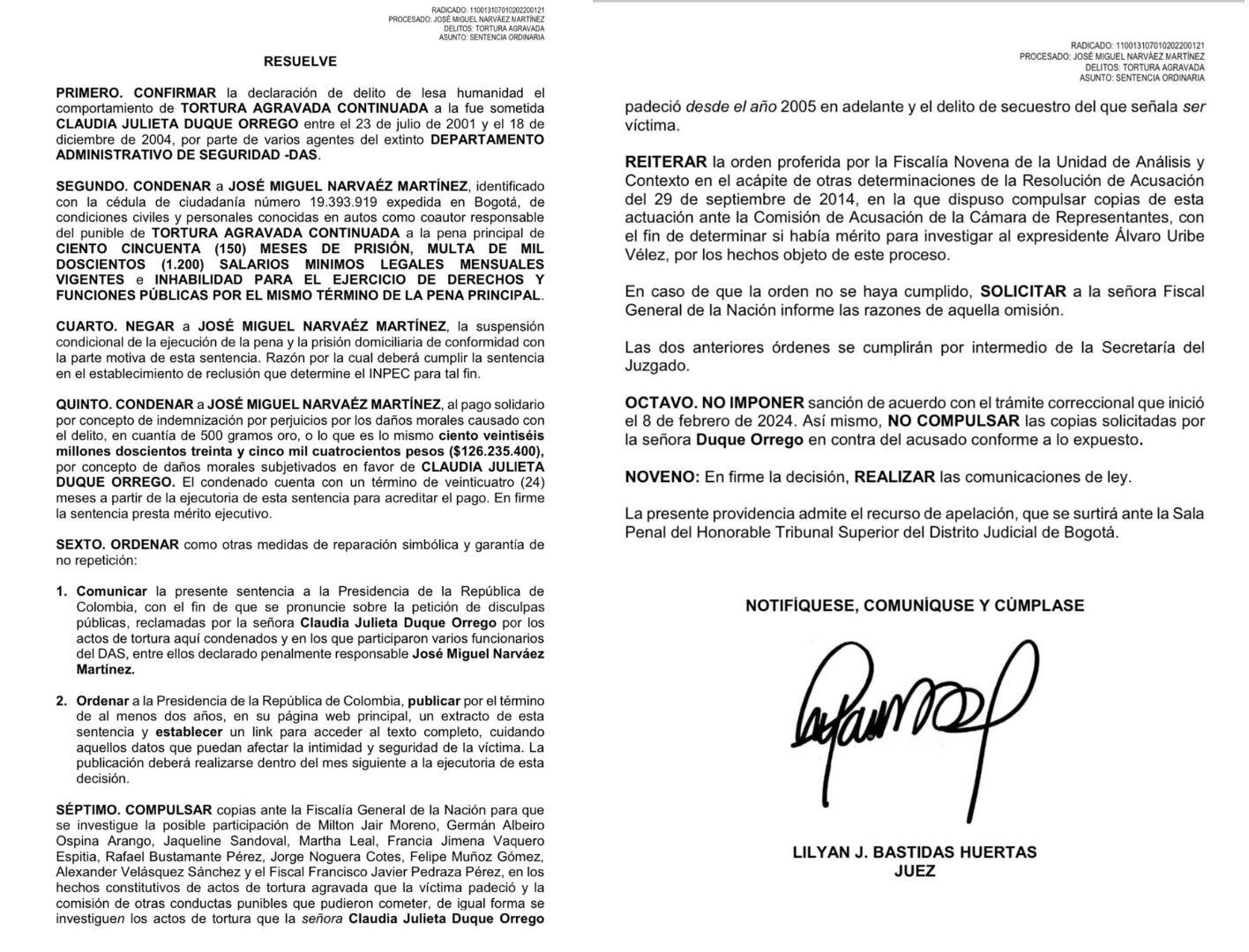 El fallo destaca que los actos contra Duque deben ser examinados con una perspectiva de género - crédito Juzgado Décimo Penal del Circuito Especializado de Bogotá