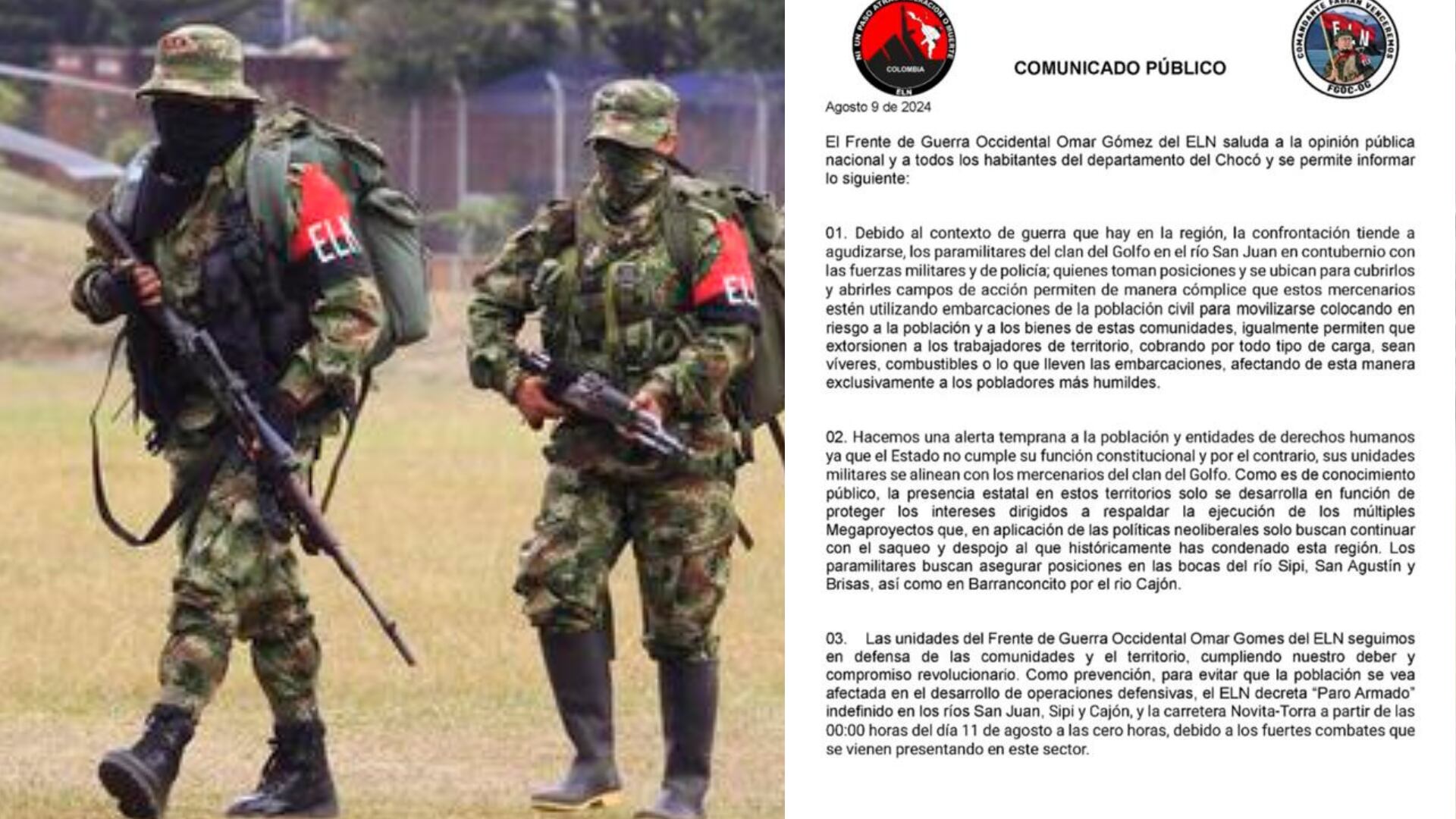 El ELN realizará paro armado en el departamento del Chocó desde el 11 de agosto - crédito montaje Infobae (Reuters y @CMDT_FABIAN_/X