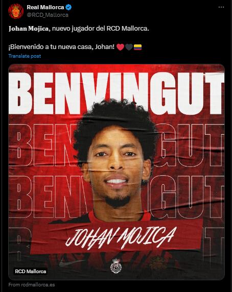 Así fue el anuncio oficial por parte del Real Club Deportivo Mallorca sobre el fichaje de Johan Mojica - crédito @RCD_Mallorca / X