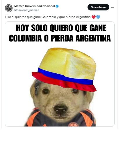 Los memes reflejan el deseo de los colombianos frente al resultado del juego final ante Argentina - crédito @Nacional_Memes/X