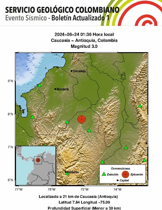 Temblor en Caucasia (Antioquia). (Crédito: @sgcol / X)