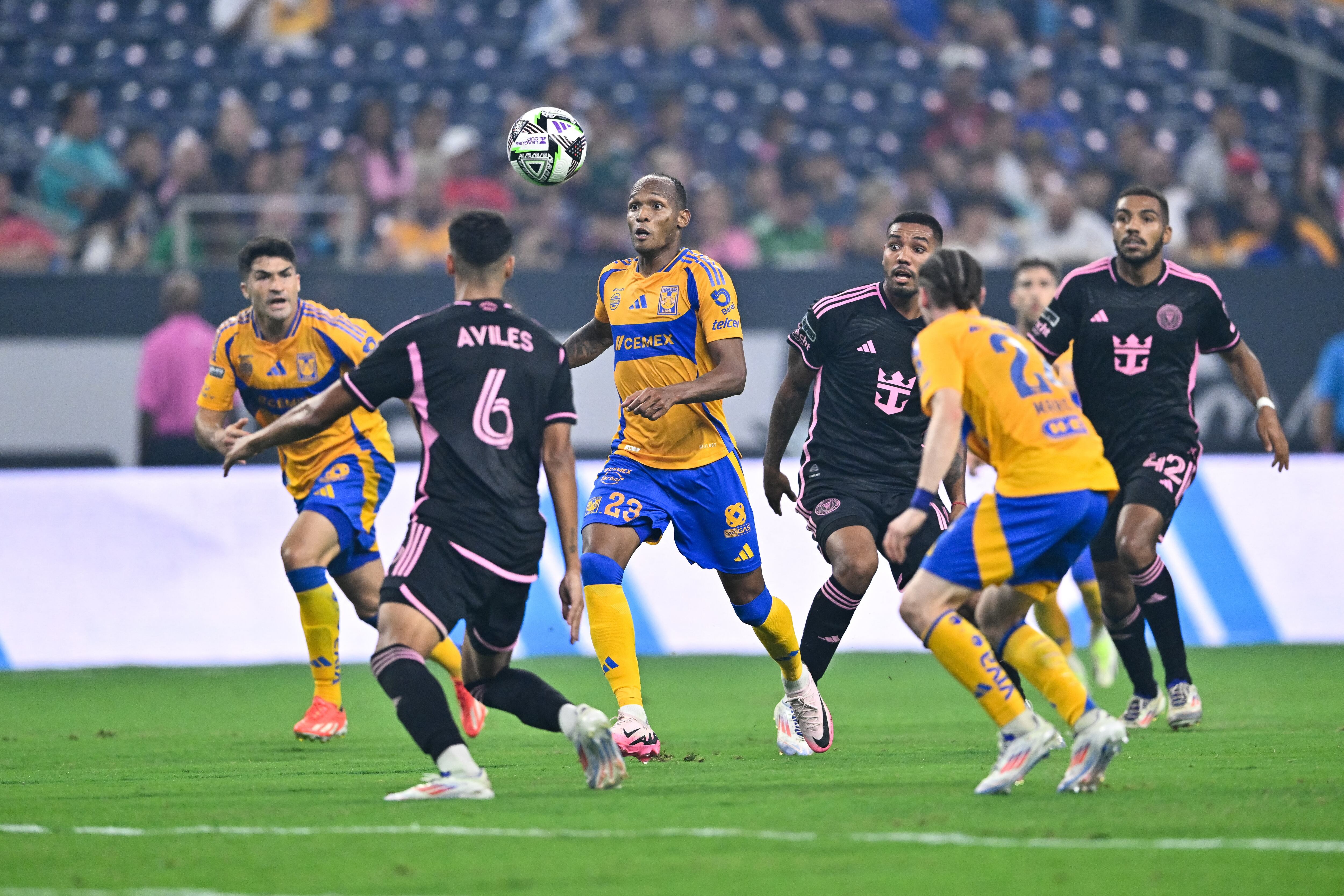 Aug 3, 2024; Houston, Texas, USA; Tigres UANL forward Luis Quinones (23) in action during the first half against Inter Miami CF in a MLS Leagues Cup soccer match at NRG Stadium. Mandatory Credit: Maria Lysaker-USA TODAY Sports