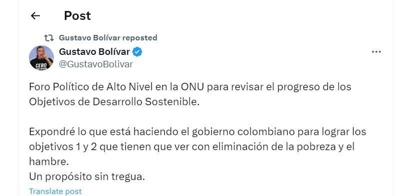 Gustavo Bolívar habla de su presencia en el Foro Político de Alto Nivel en la ONU - crédito @GustavoBolivar