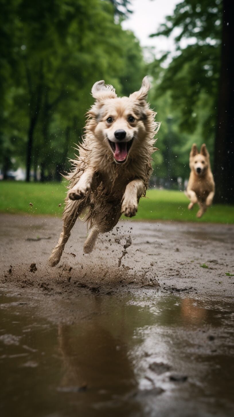 Imagen de perros jugando en un charco de lodo bajo la lluvia. Su alegría y vitalidad canina son evidentes en esta escena llena de diversión y cuidado. (Imagen ilustrativa Infobae)