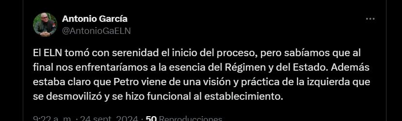 Antonio García lanzó duras críticas contra el presidente Gustavo Petro - crédito @AntonioGaELN/X