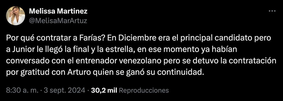 La periodista Melissa Martínez afirmó que los directivos del equipo ya habían tanteado a Farias desde diciembre - crédito Melissa Martínez/X