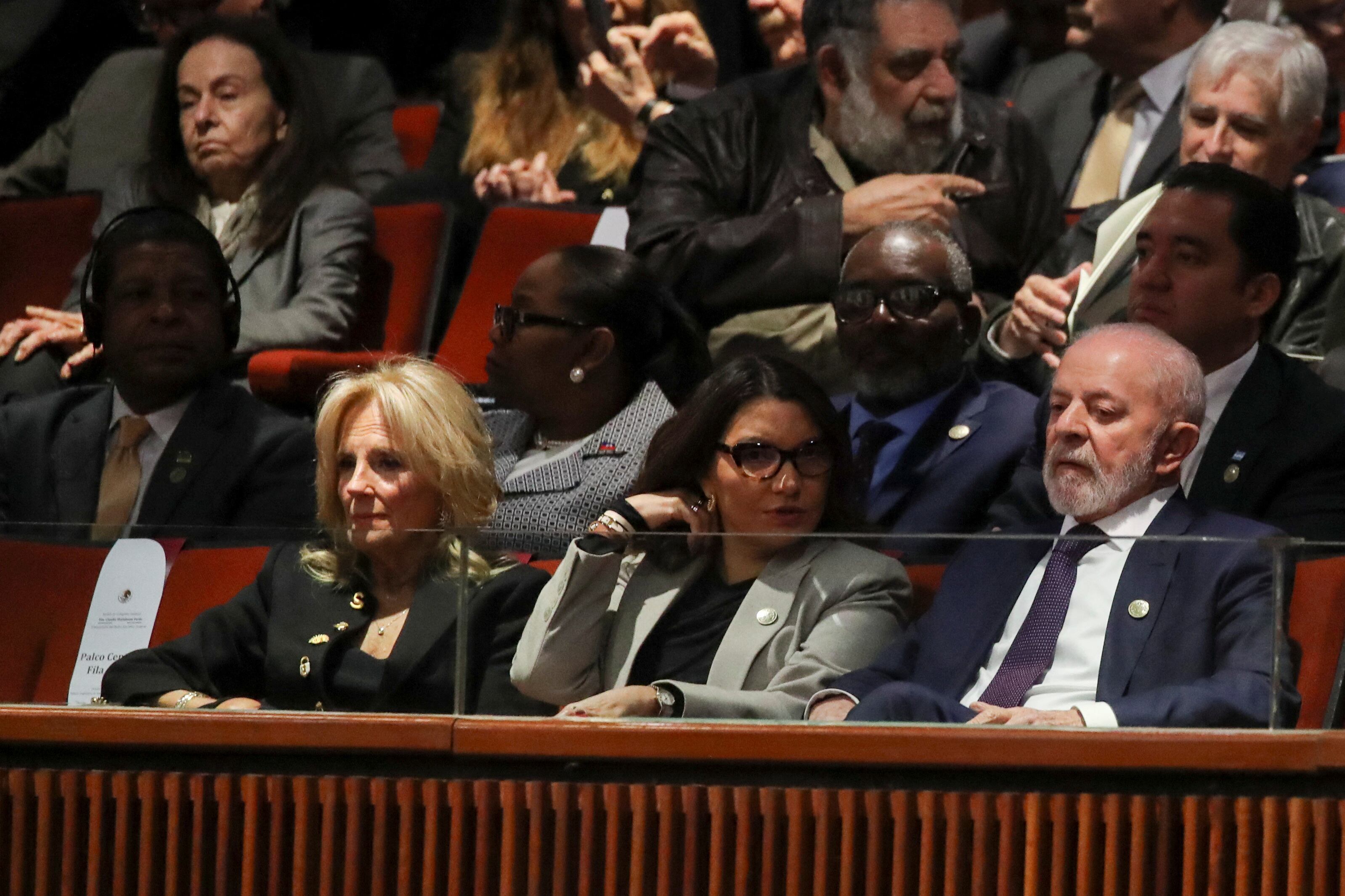 U.S. first lady Jill Biden, Brazil's President Luiz Inacio Lula da Silva and Rosangela 'Janja' da Silva look on on the day of Mexico's President-elect Claudia Sheinbaum's swearing in ceremony, in Mexico City, Mexico, October 1, 2024. REUTERS/Henry Romero