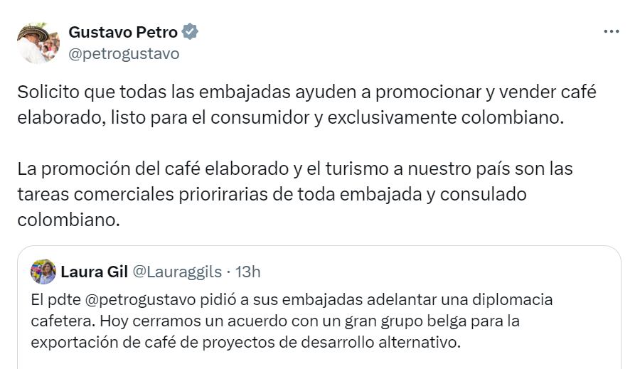 El presidente ordenó a sus diplomáticos que trabajen para fortalecer el café colombiano ante el mundo - crédito red social X