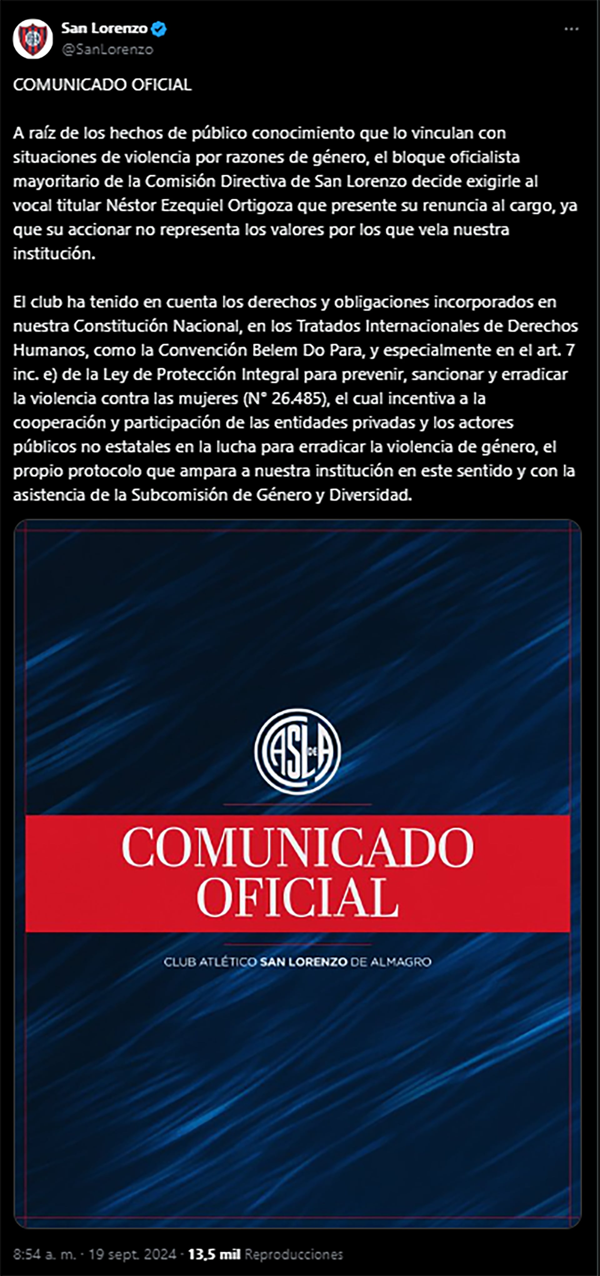 El comunicado de San Lorenzo tras lo sucedido con Ortigoza