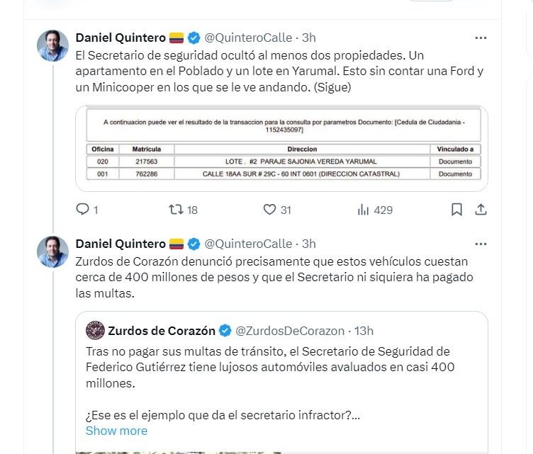 Daniel Quintero compartió una denuncia en la que supuestamente el secretario de Seguridad de Medellín no habría declarado algunas de sus propiedades - crédito @QuinteroCalle