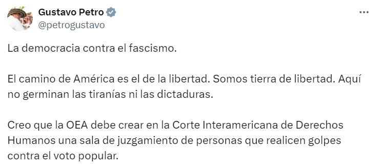 Gustavo Petro instó a la OEA a crear una sala de juzgamiento para quienes lideren golpes de Estado - crédito @petrogustavo/X