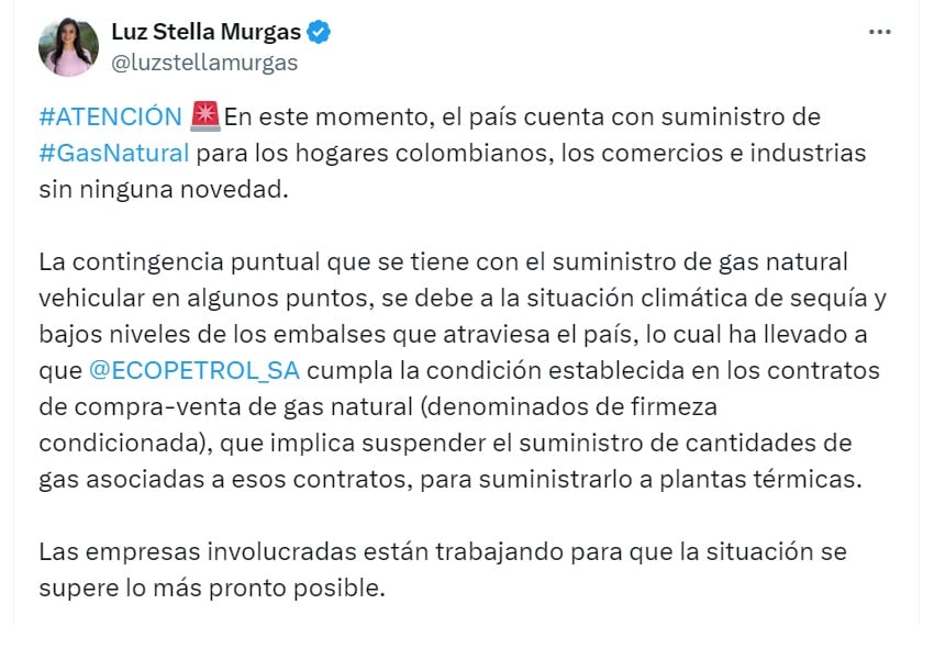 Luz Stella Murgas, presidenta de Naturgas, culpó a la sequía de la situación que vive Ecopetrol para distribuir gas natural - crédito @LuzStellaMurgas/X